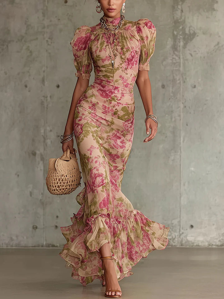 Fiora |  Vestido largo con estampado vintage de rosas y mangas abullonadas