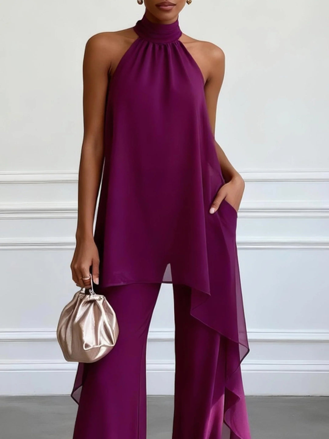 Stella - Purple Halter Sleeveless Pants Two-Piece Set