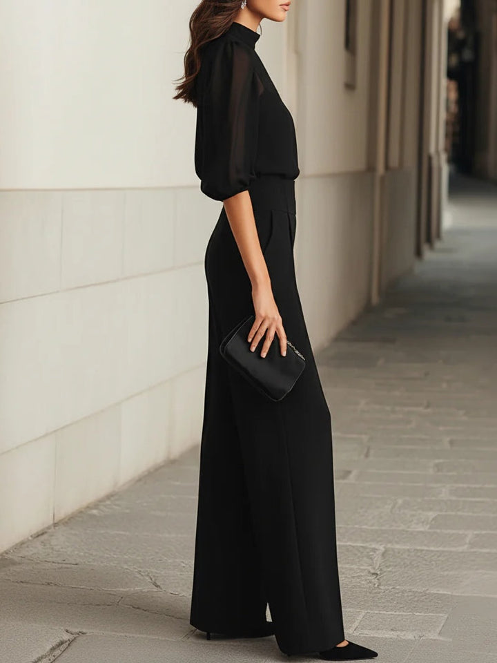Valentina | Conjunto de tres piezas en negro, top y pantalones de pierna ancha
