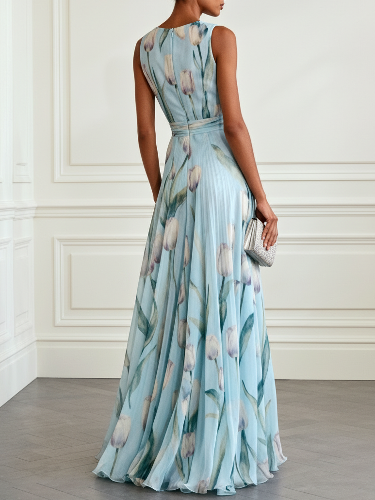 Nerea  - Elegant Tulip Print V-neck Maxi Dress