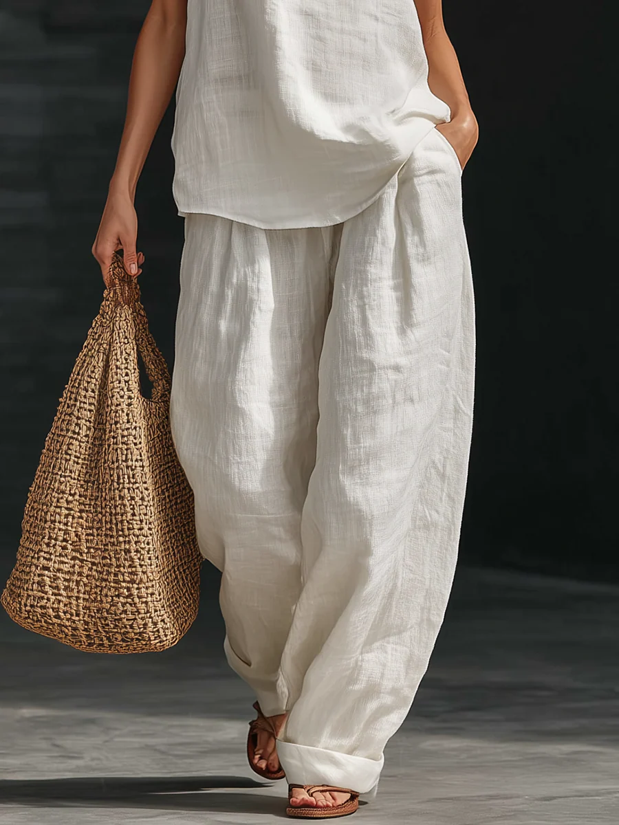 Penelope - White Faux Linen V-neck Sleeveless Top And Wide-leg Pants Set