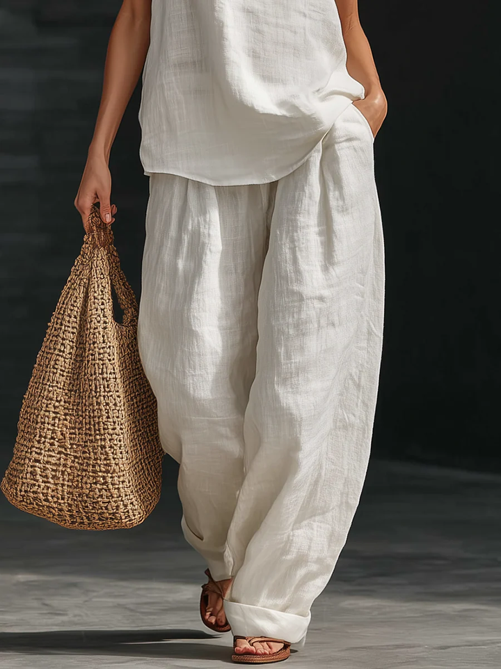 Penelope - White Faux Linen V-neck Sleeveless Top And Wide-leg Pants Set