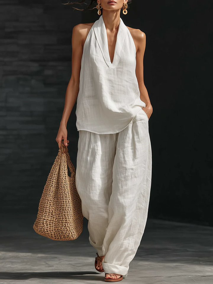 Penelope - White Faux Linen V-neck Sleeveless Top And Wide-leg Pants Set