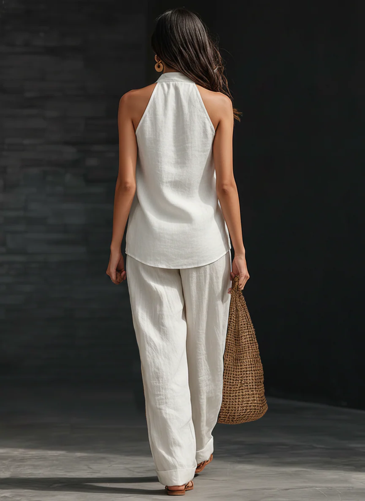 Penelope - White Faux Linen V-neck Sleeveless Top And Wide-leg Pants Set