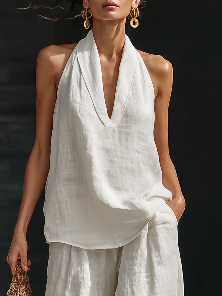 Penelope - White Faux Linen V-neck Sleeveless Top And Wide-leg Pants Set