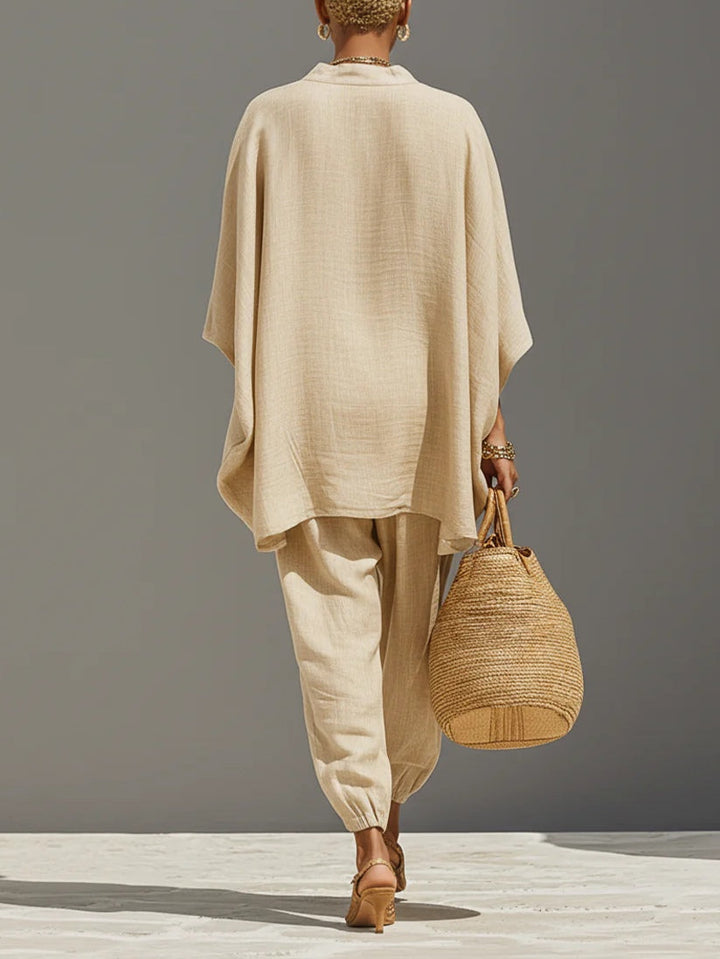 Caroline - Light Khaki Asymmetrical Minimalist Top and Jogger Pants Set