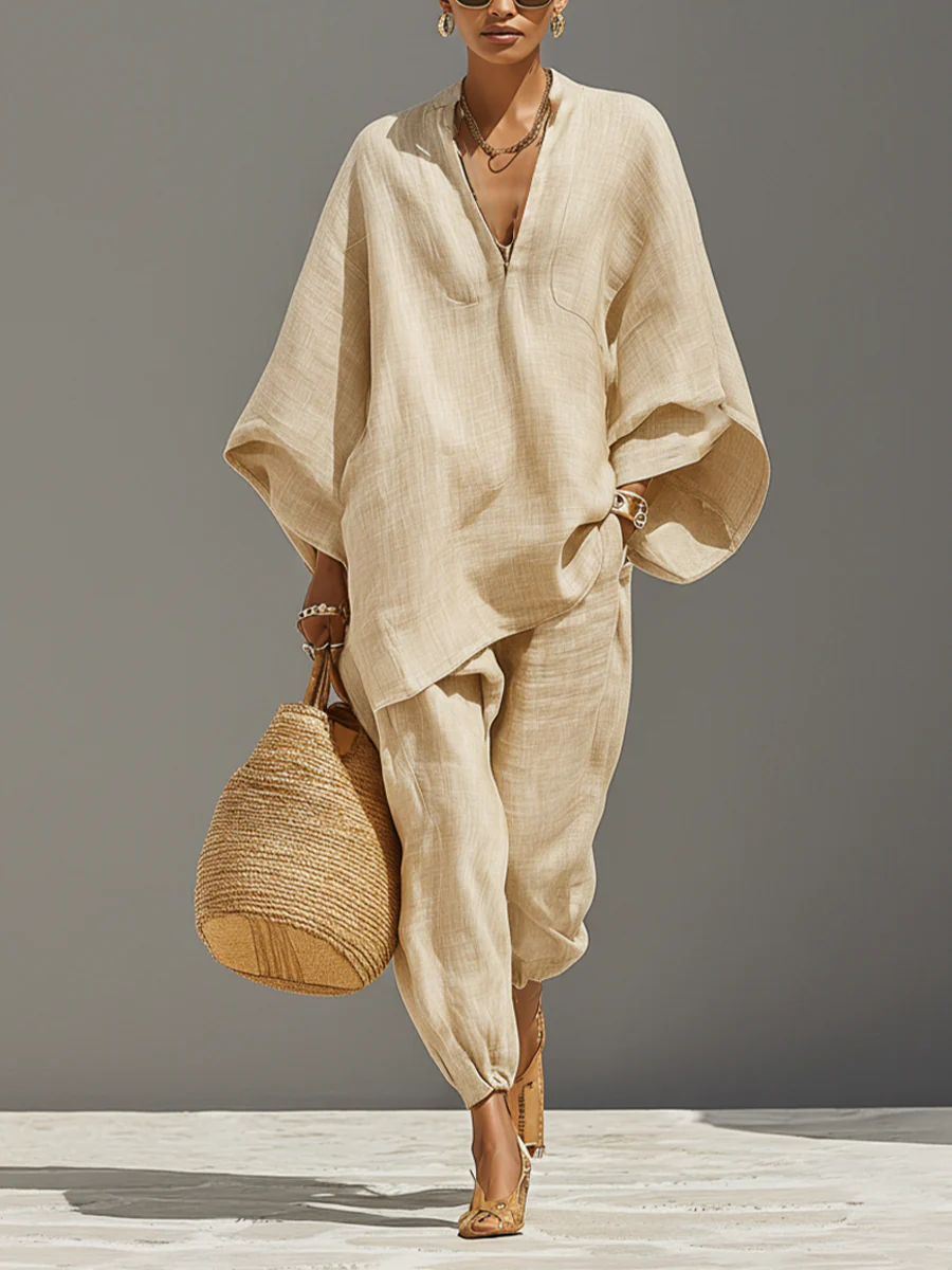 Caroline - Light Khaki Asymmetrical Minimalist Top and Jogger Pants Set