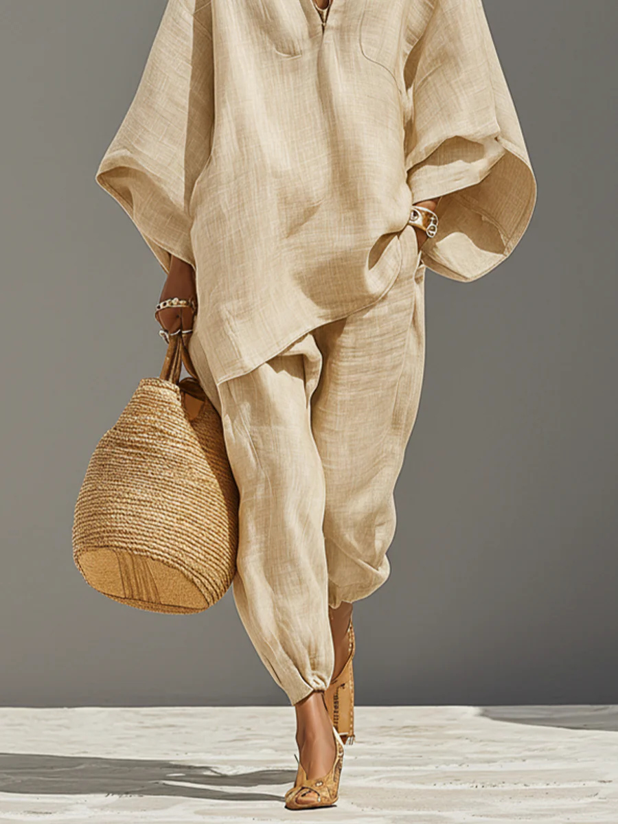 Caroline - Light Khaki Asymmetrical Minimalist Top and Jogger Pants Set