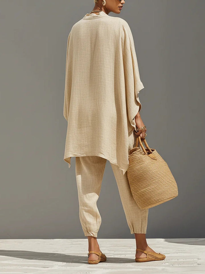 Caroline - Light Khaki Asymmetrical Minimalist Top and Jogger Pants Set