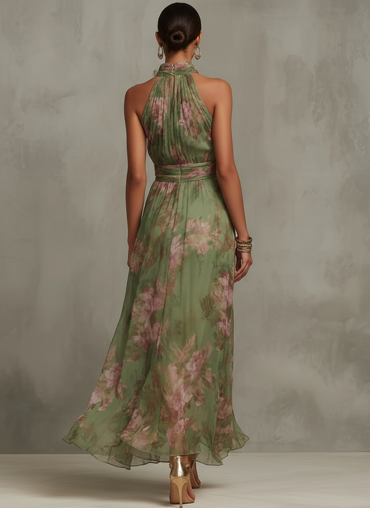 Serena | Vestido largo verde con estampado floral  y cuello halter