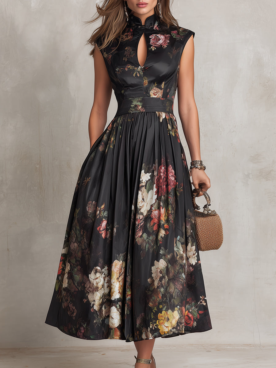 Rosie - Black Keyhole Collar Floral Pleated Satin Midi Dress
