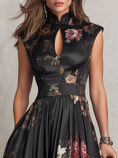 Rosie - Black Keyhole Collar Floral Pleated Satin Midi Dress