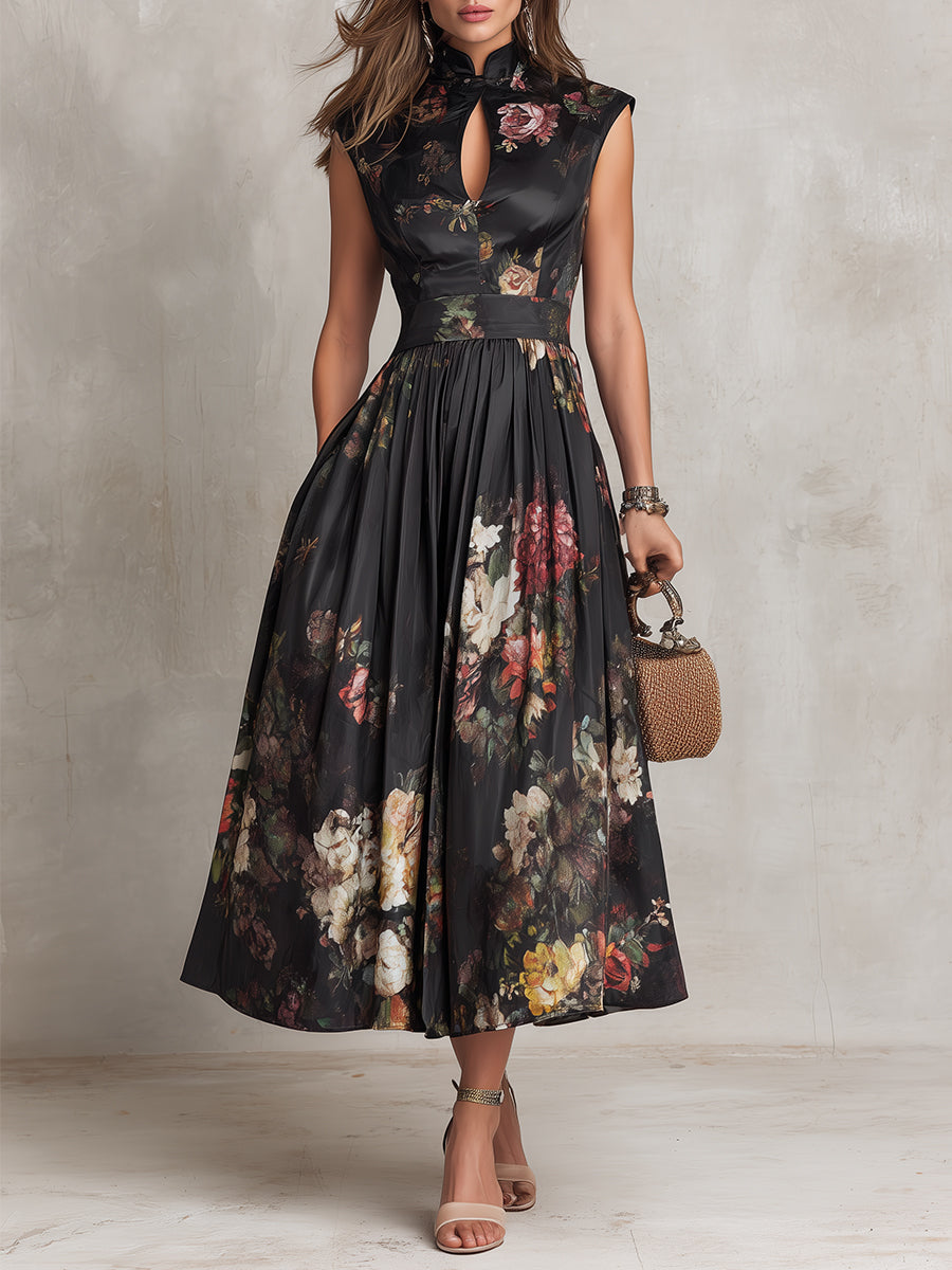 Rosie - Black Keyhole Collar Floral Pleated Satin Midi Dress