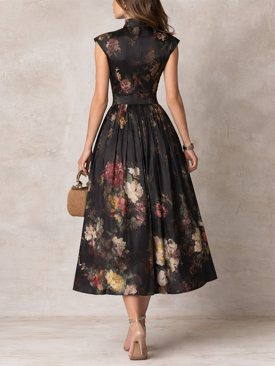 Rosie - Black Keyhole Collar Floral Pleated Satin Midi Dress