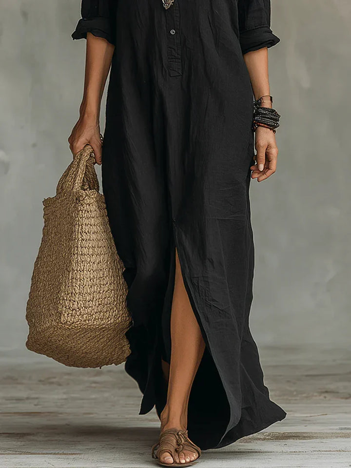 Selena™ | Black Loose Maxi Dress with Buttons