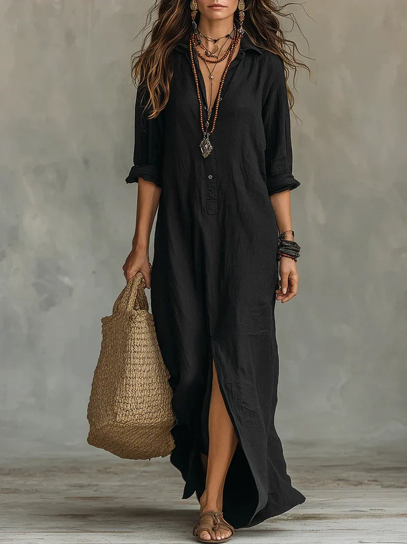 Selena™ | Black Loose Maxi Dress with Buttons