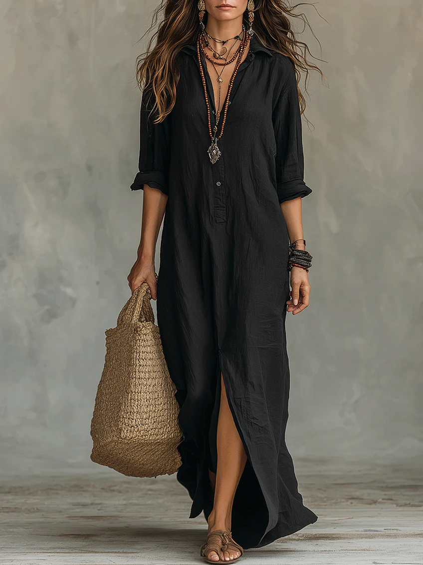 Soline - Relaxed V-Neck Button Maxi Dress