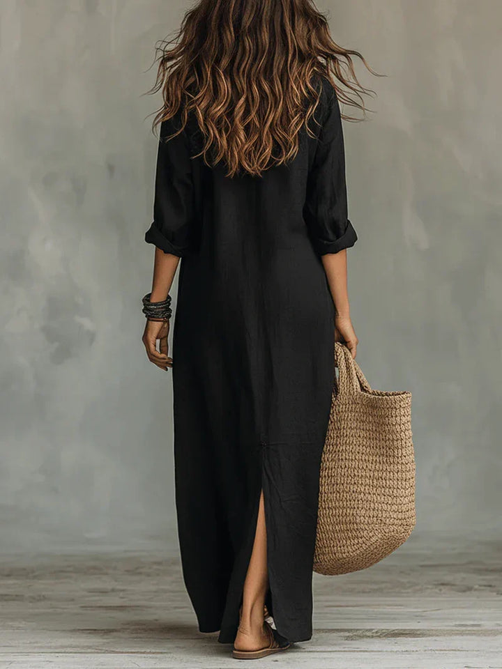 Selena™ | Black Loose Maxi Dress with Buttons