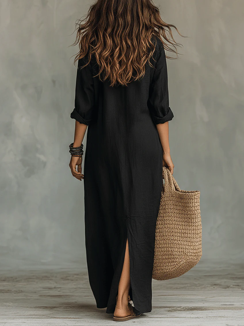 Soline - Relaxed V-Neck Button Maxi Dress