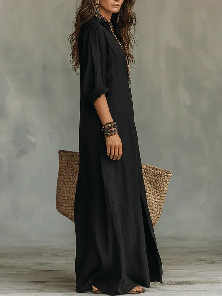 Selena™ | Black Loose Maxi Dress with Buttons