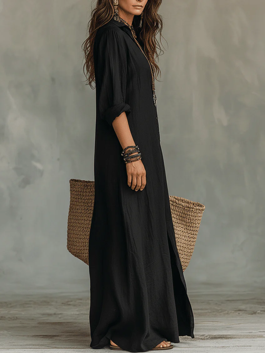 Soline - Relaxed V-Neck Button Maxi Dress