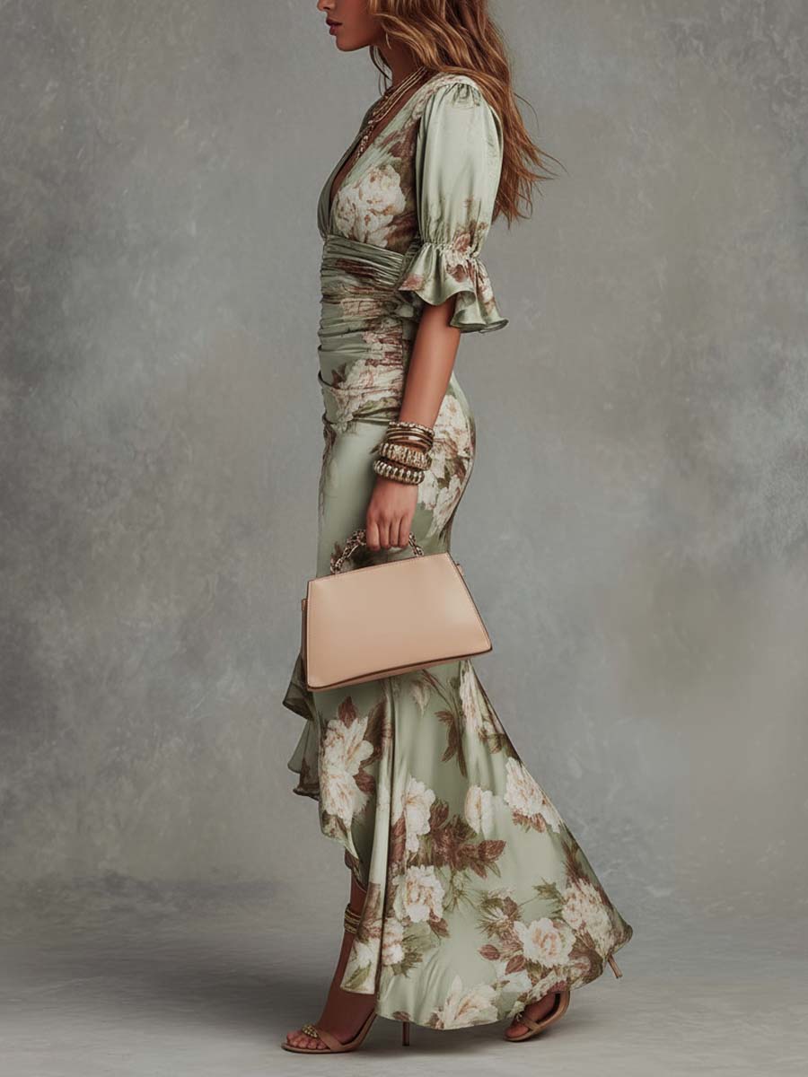 Anastasia | Asymmetrical Long Green Satin Dress