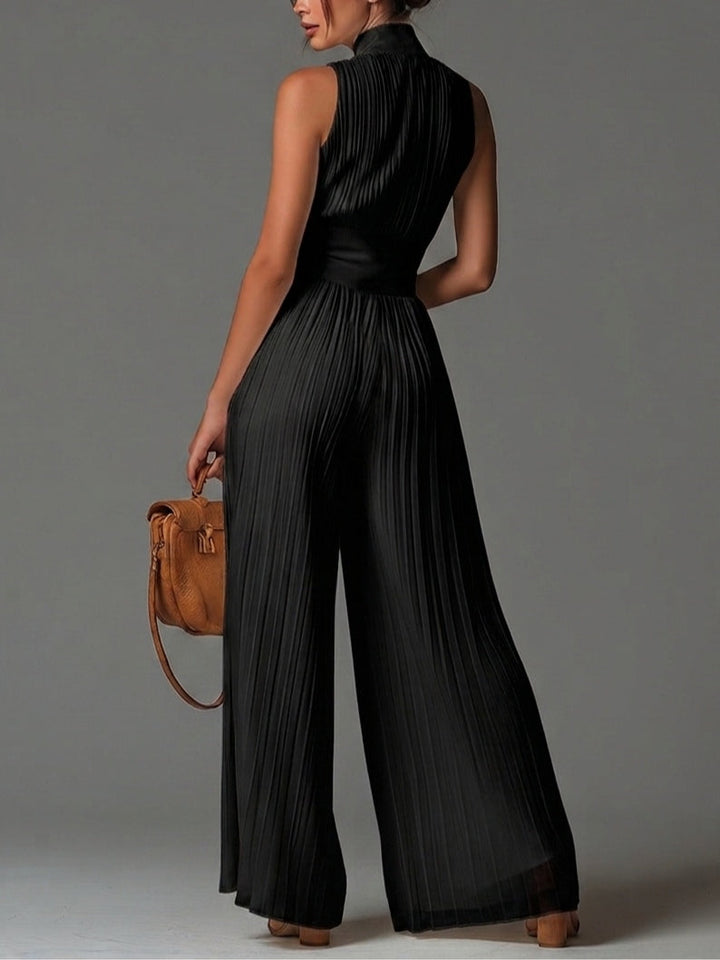 Abigail - V-neck Sleeveless Zip-up Pleated Wide-leg Chiffon Jumpsuit