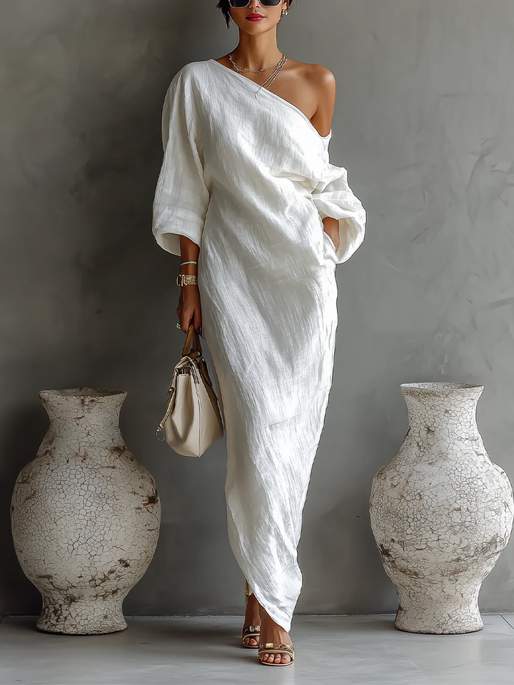 Elise™ | Elegante vestido maxi de un solo hombro en blanco