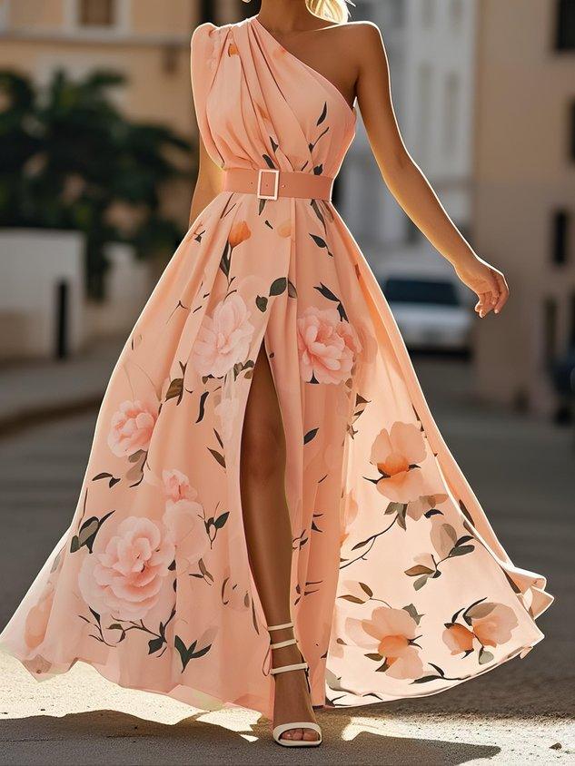 Sella - Ruched One Shoulder A-Line Maxi Chiffon Dress