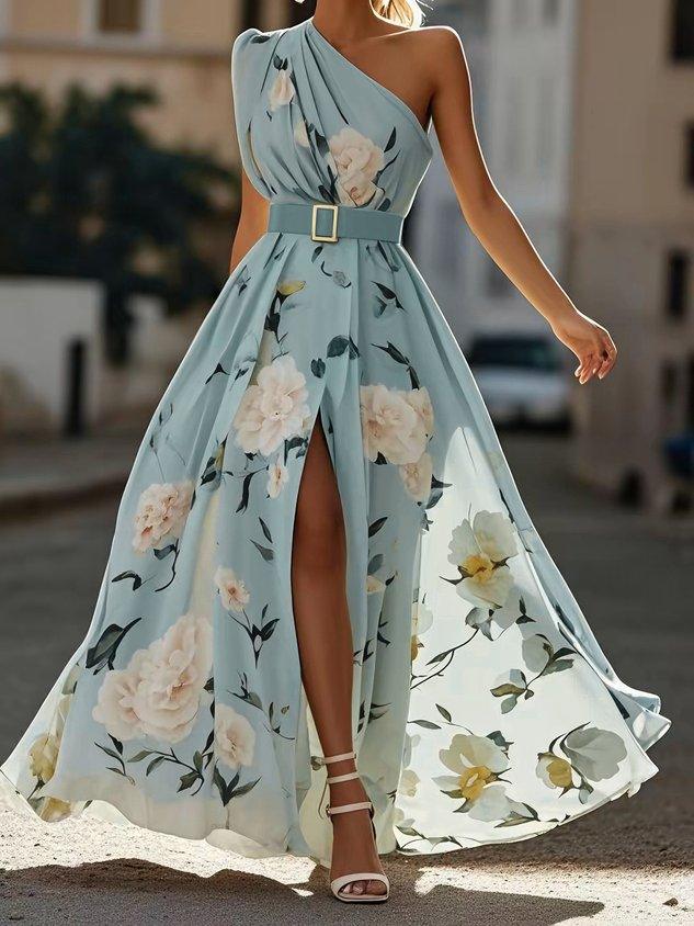 Sella - Ruched One Shoulder A-Line Maxi Chiffon Dress