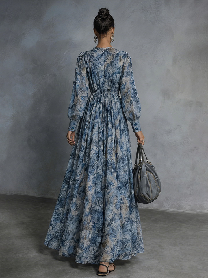 Grace - Bohemian Style Blue Floral Print Chiffon Maxi Dress