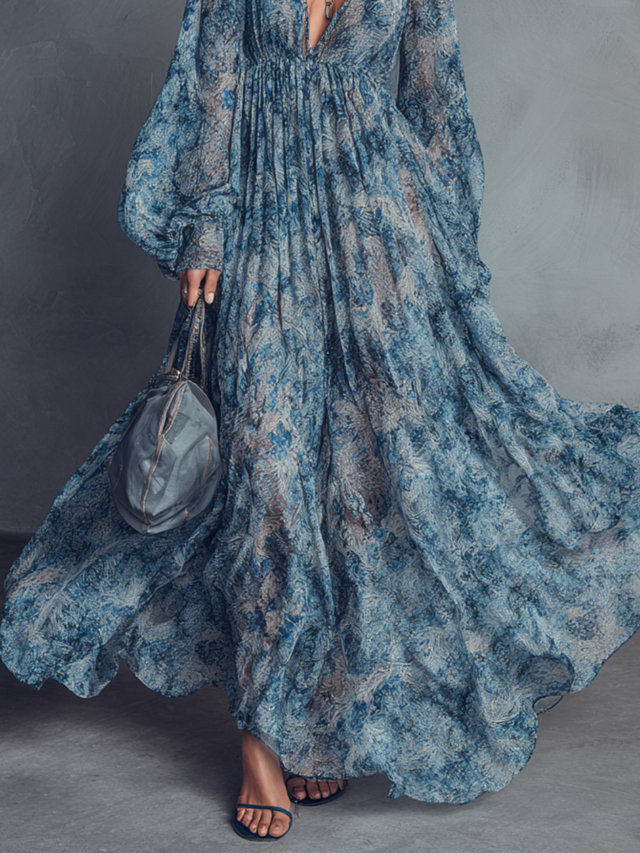 Grace - Bohemian Style Blue Floral Print Chiffon Maxi Dress