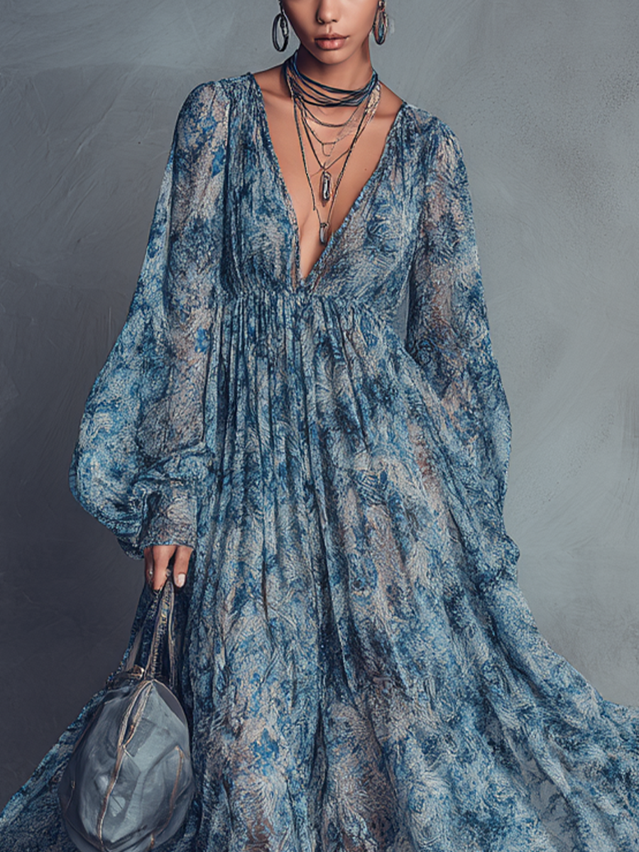 Grace - Bohemian Style Blue Floral Print Chiffon Maxi Dress