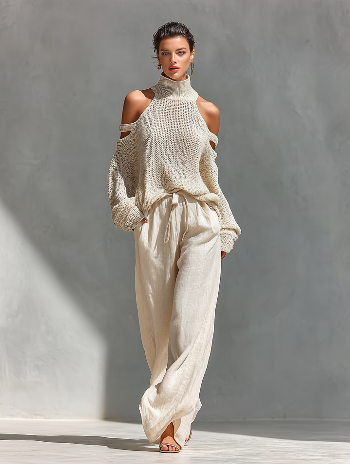 Thalia - Beige Knit Off-Shoulder Turtleneck Top & Wide Leg Pants Set