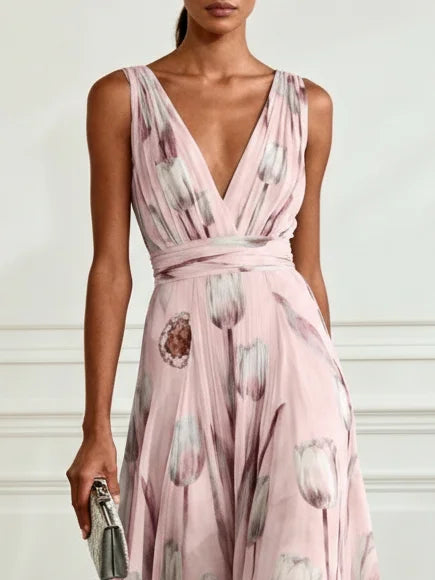Nerea  - Elegant Tulip Print V-neck Maxi Dress
