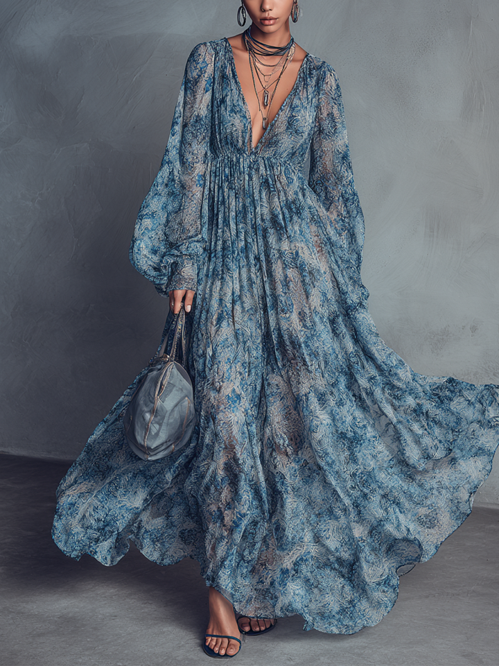 Grace - Bohemian Style Blue Floral Print Chiffon Maxi Dress