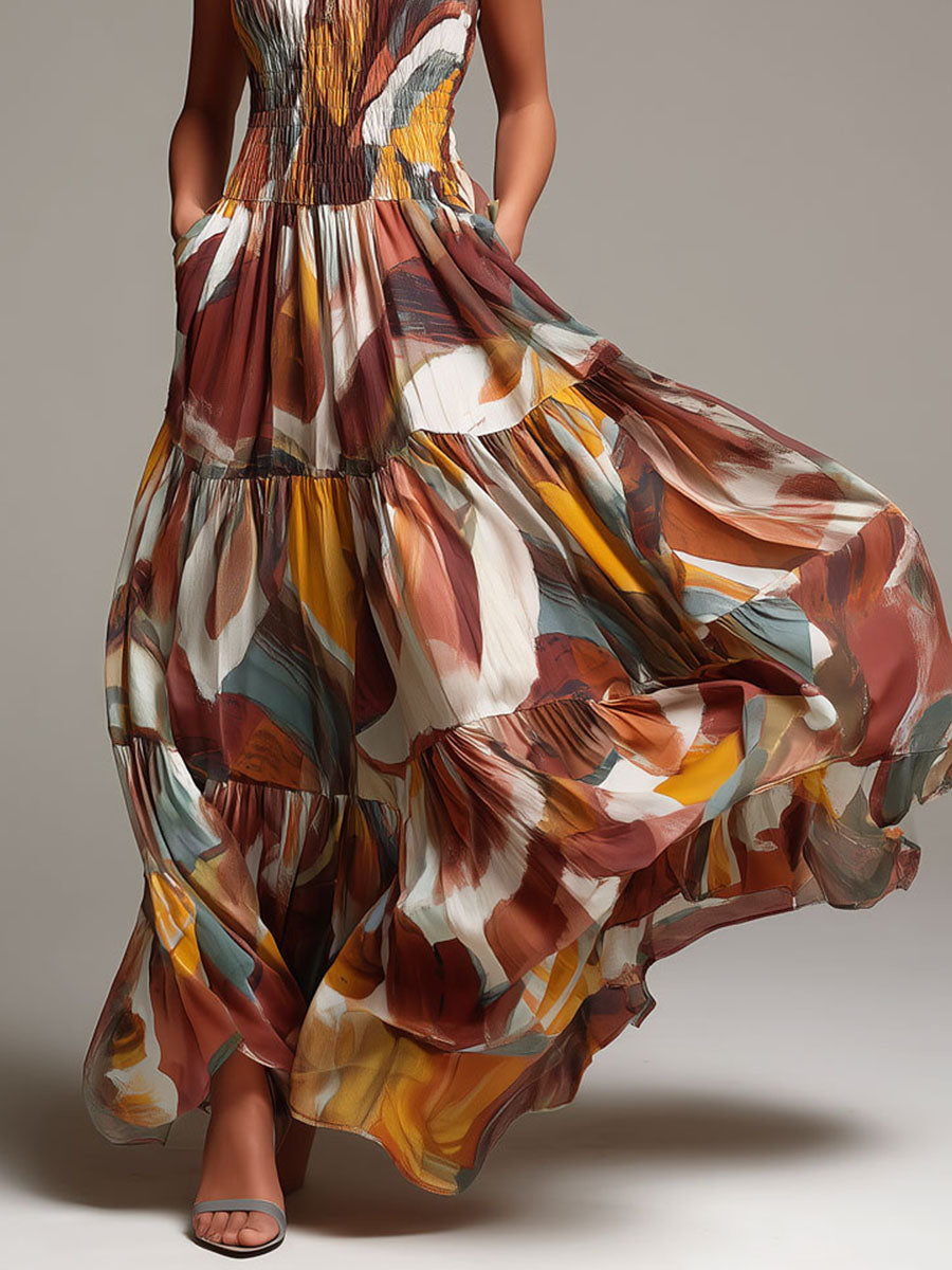 Celine - Boho Abstract Multicolor Smocked Bodice Maxi Dress