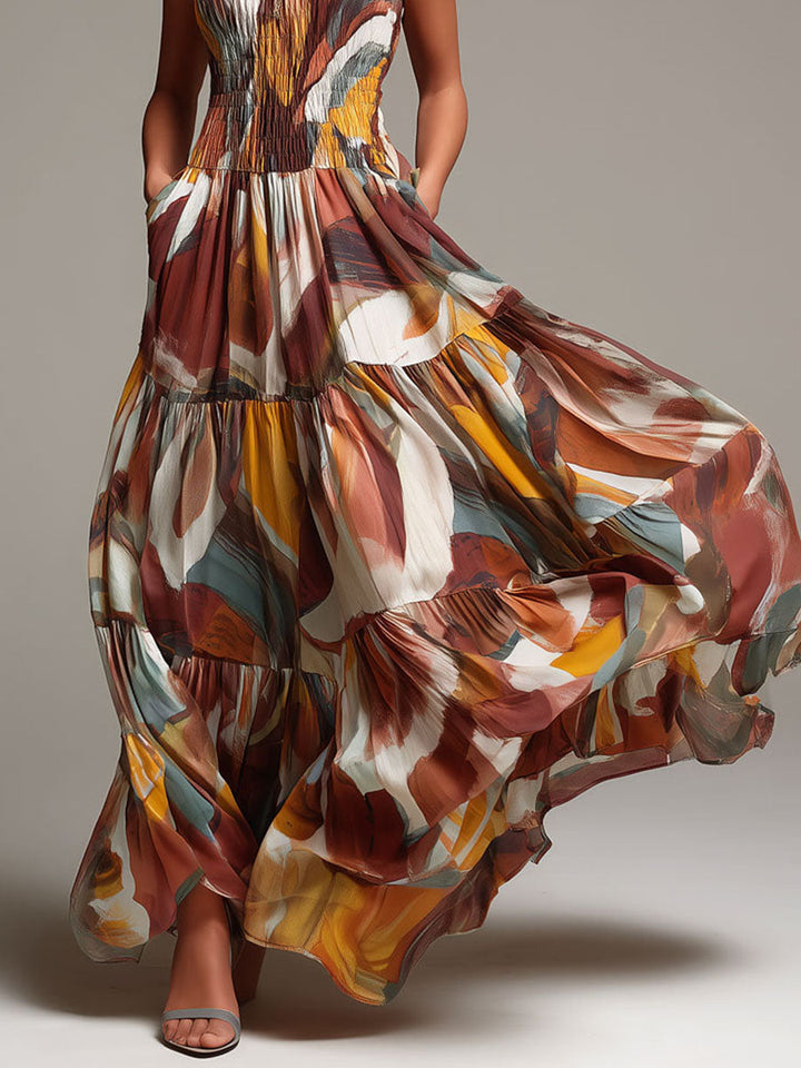 Celine - Boho Abstract Multicolor Smocked Bodice Maxi Dress