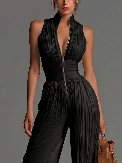 Abigail - V-neck Sleeveless Zip-up Pleated Wide-leg Chiffon Jumpsuit