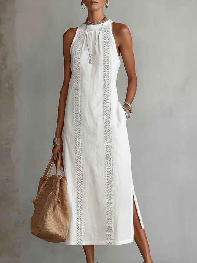Jimena | Midi Linen Dress with Mandarin Collar