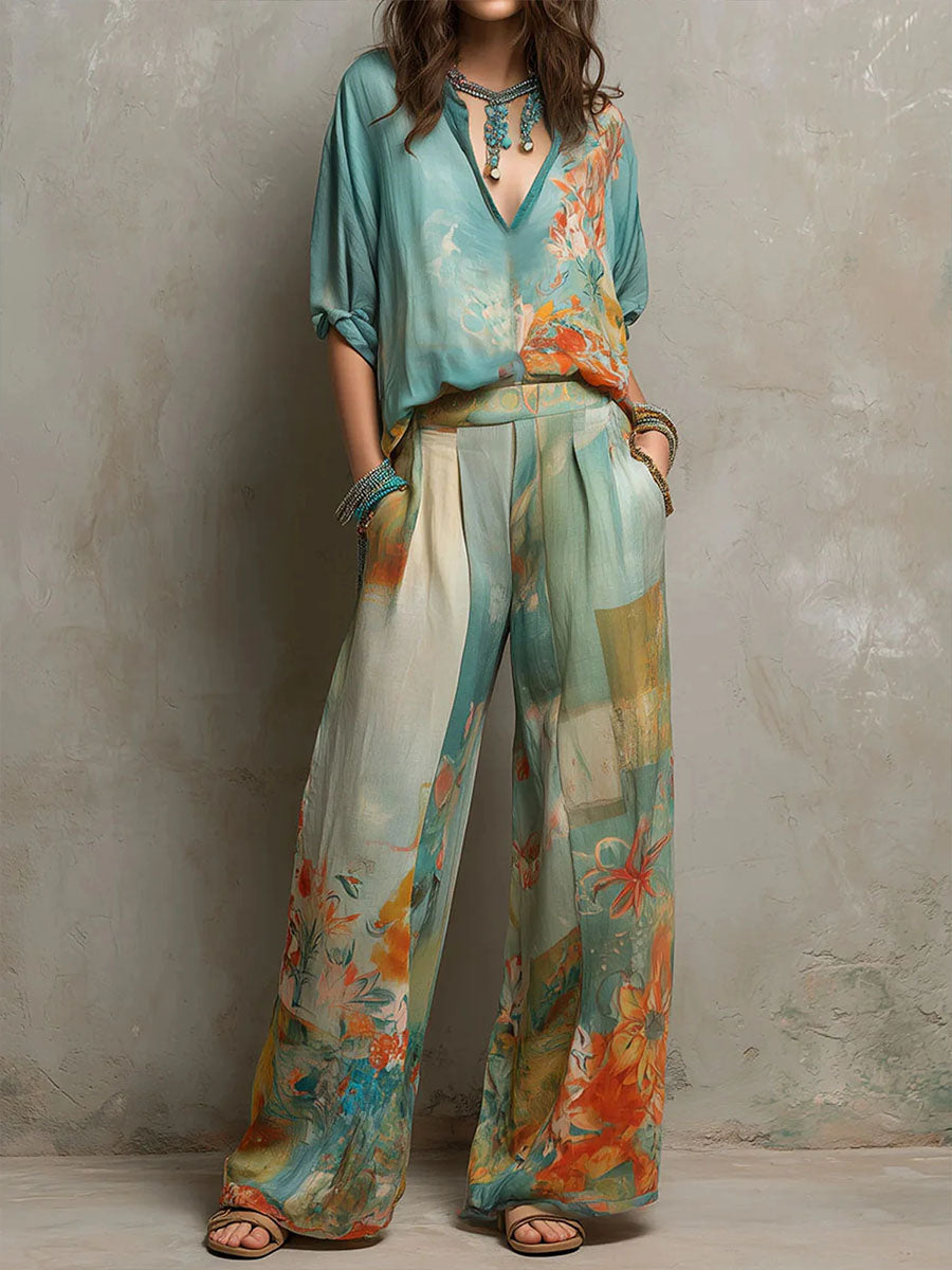 Chiara | Elegante conjunto con estampado floral y pantalones anchos