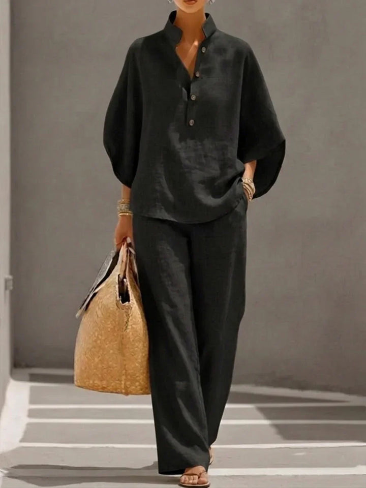Maribel | Linen set with batwing sleeves and wide trousers