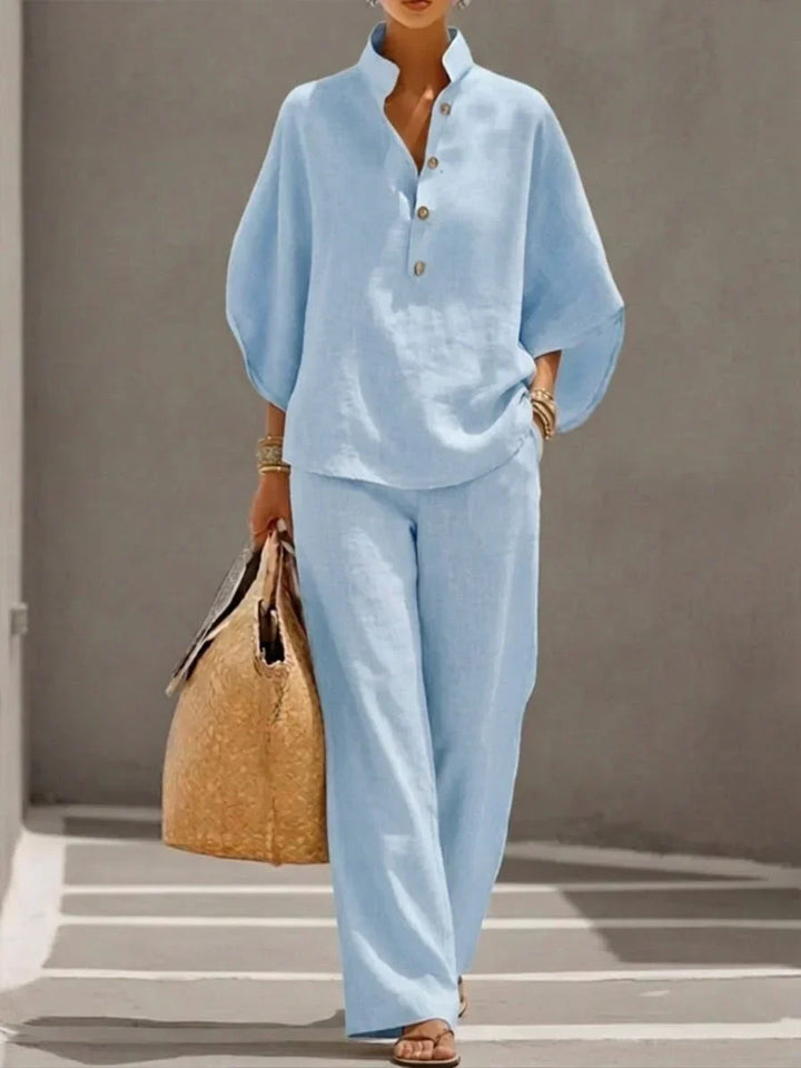 Maribel | Linen set with batwing sleeves and wide trousers