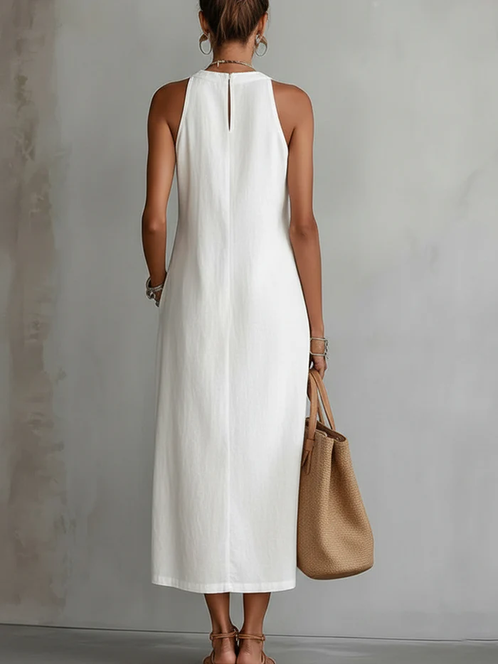 Jimena | Midi Linen Dress with Mandarin Collar