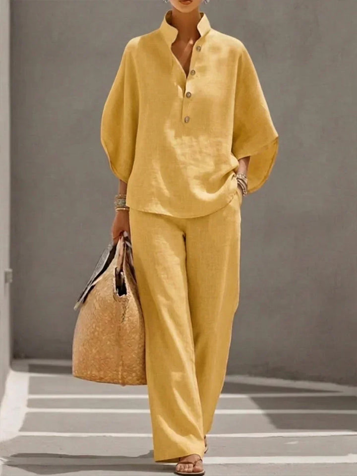 Maribel | Linen set with batwing sleeves and wide trousers