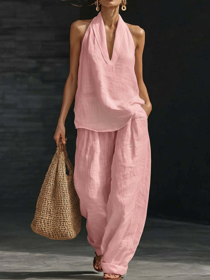 Penelope - White Faux Linen V-neck Sleeveless Top And Wide-leg Pants Set